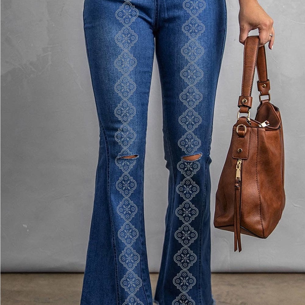 Denim Blues Distressed Bell Bottom Jeans with Rae Hem